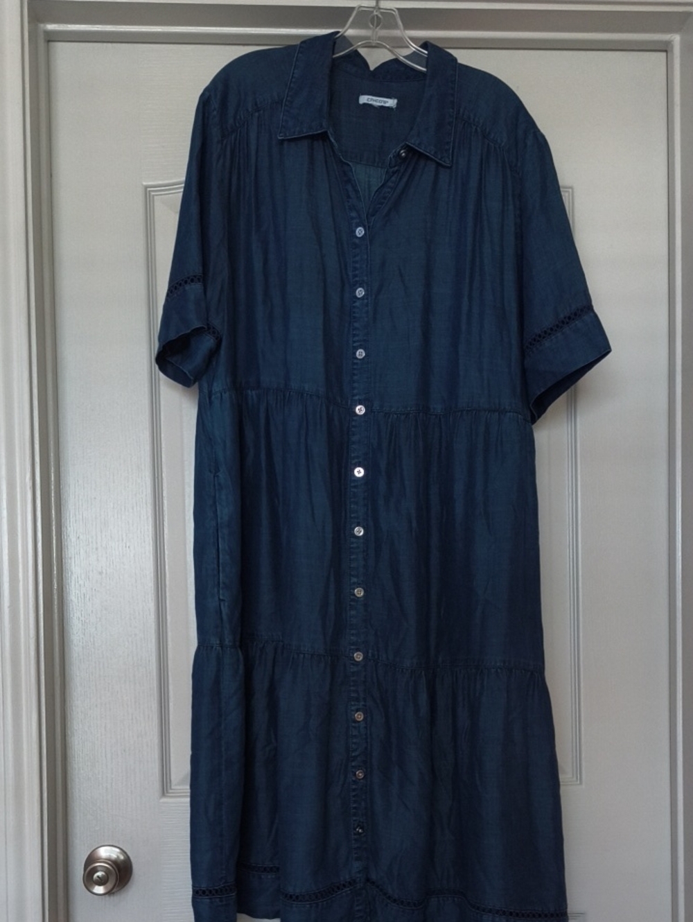 Chico's Navy Denim Button-Front Tiered Midi Dress